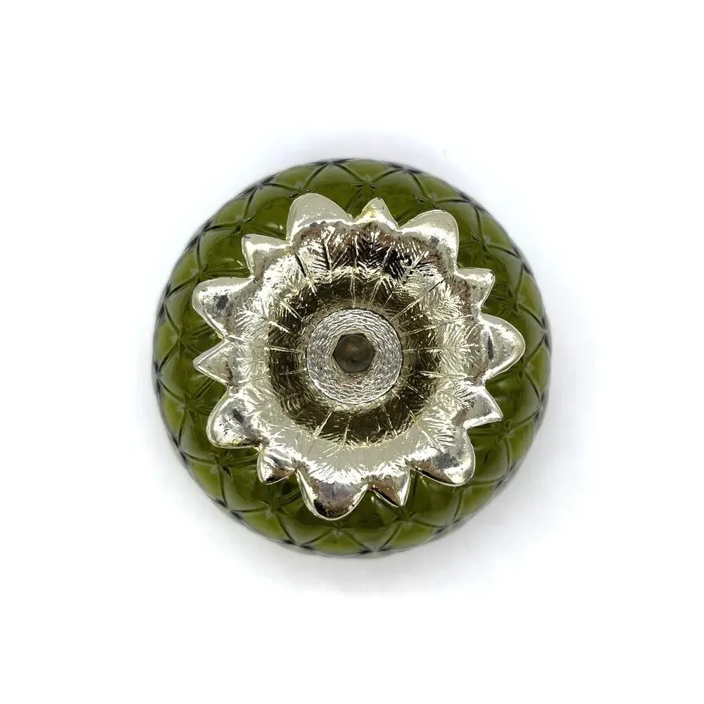 Indiana Glass Olive Green Quilted Diamond Rose Bowl Crimped Rim Metal Leaf Base